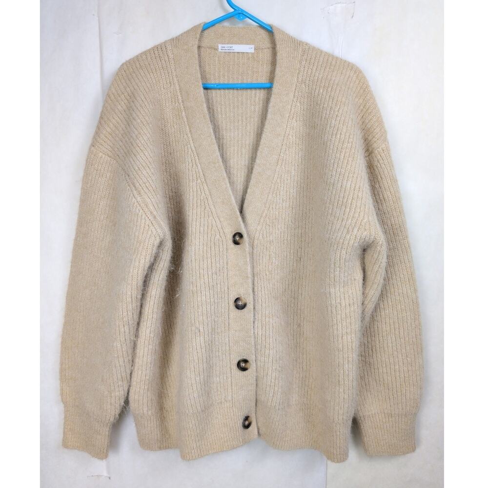 Oak + Fort button front oversized fuzzy cardigan sweater Sz L Tan Minimal Preppy